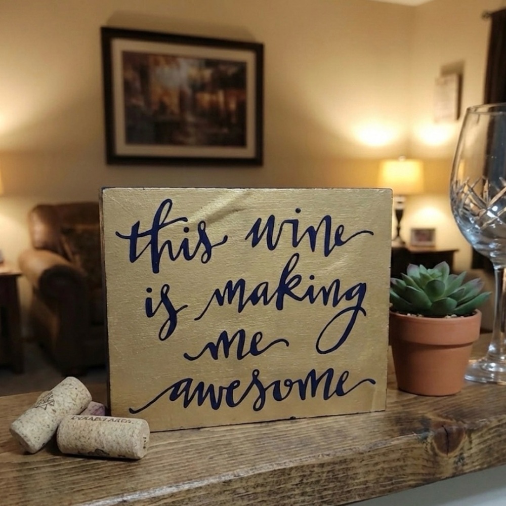 Primitives by Kathy Gold Plaque with Blue Wine Quote